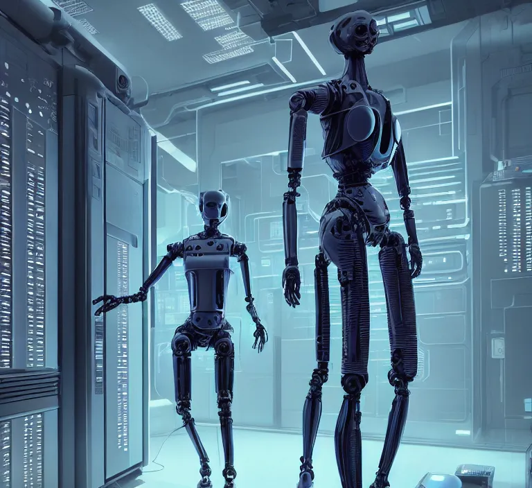 Prompt: hyperrealism stock photogrфзрн of highly detailed stylish humanoid robot in sci - fi cyberpunk style by gragory crewdson and vincent di fate with many details by josan gonzalez working in the highly detailed data center by mike winkelmann and laurie greasley hyperrealism photo on dsmc 3 system rendered in blender and octane render