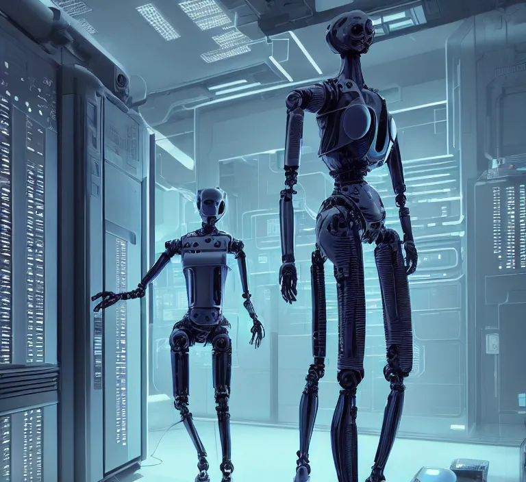 Image similar to hyperrealism stock photogrфзрн of highly detailed stylish humanoid robot in sci - fi cyberpunk style by gragory crewdson and vincent di fate with many details by josan gonzalez working in the highly detailed data center by mike winkelmann and laurie greasley hyperrealism photo on dsmc 3 system rendered in blender and octane render