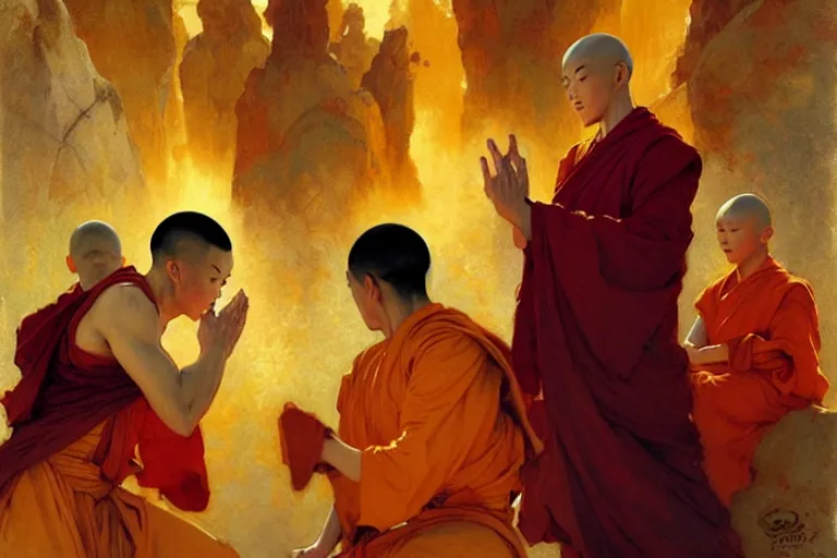 Image similar to monks teaching airbending from the last airbender, painting by gaston bussiere, craig mullins, j. c. leyendecker