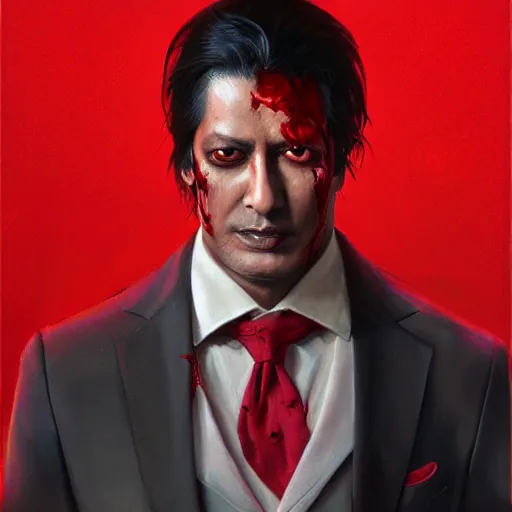 Image similar to portrait of rajesh hamal upper body in bloody business suit, blood red eyes, vampire fangs, fantasy, intricate, elegant, highly detailed, digital painting, artstation, concept art, matte, sharp focus, illustration, art by aenaluck and roberto ferri and greg rutkowski, epic fantasy, digital painting