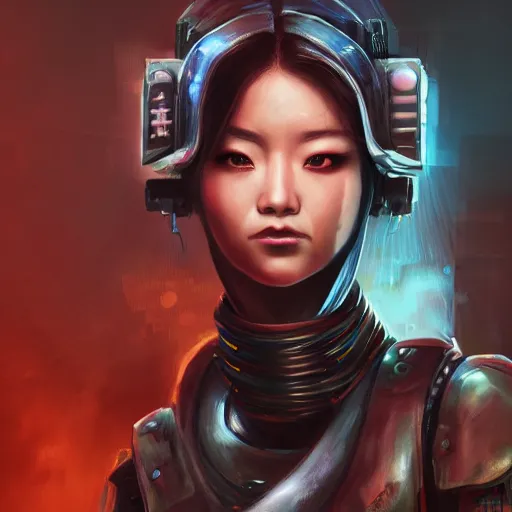 Image similar to An epic fantastic realism comic book style portrait painting of a female cyber warrior, tzuyu from twice, dieselpunk armor, long fluffy hair, porcelain pale skin, cyberpunk color raining tokyo everywhere, Concept world Art, unreal 5, DAZ, hyperrealistic, octane render, cosplay, RPG portrait, dynamic lighting