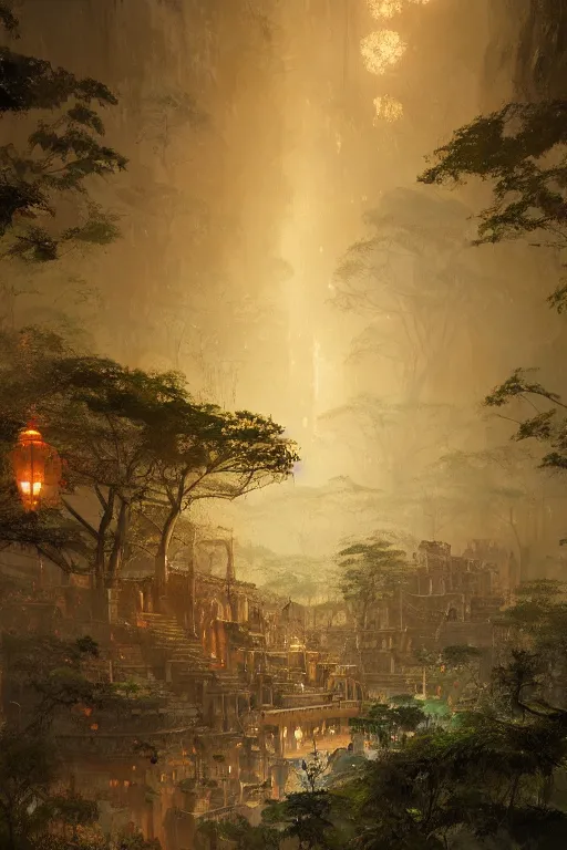 Prompt: old aztec city of gold in the middle of the forest, intricate, elegant, volumetric lighting, digital painting, highly detailed, artstation, sharp focus, illustration, concept art, ruan jia, steve mccurry