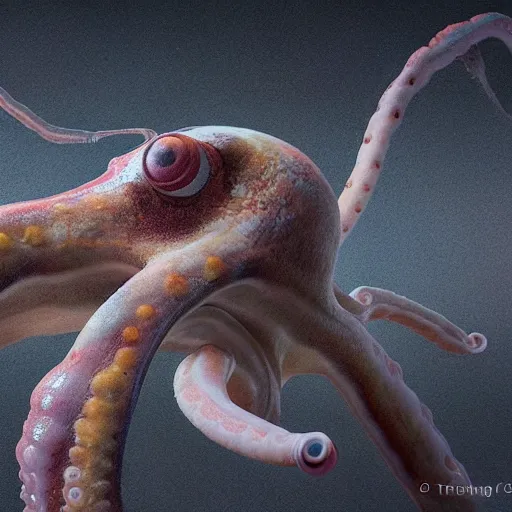 Image similar to hyperrealistic mixed media image of a cephalopod with proportional human hands, stunning 3 d render inspired art by xiang duan and thomas eakes, perfect symmetry, realistic, highly detailed attributes and atmosphere, dim volumetric cinematic lighting, 8 k octane extremely hyper - detailed render, post - processing, masterpiece,