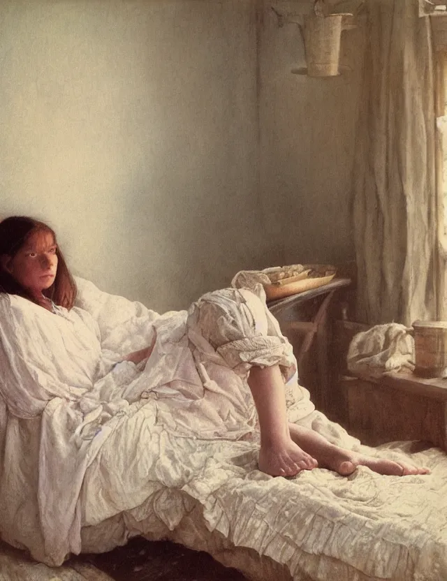 Image similar to peasant girl in a morning in country house sitting on a bed, cottage core, polaroid photo bleached vintage pastel colors high - key lighting, soft lights, foggy, by steve hanks, by lisa yuskavage, by serov valentin, by tarkovsky, detailed, oil on canvas