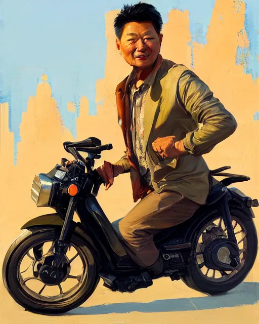 Image similar to greg manchess portrait painting of asian middle age man on moped motorbike burning, medium shot, asymmetrical, profile picture, organic painting, sunny day, matte painting, bold shapes, hard edges, street art, trending on artstation, by huang guangjian and ail elvgren and sachin teng