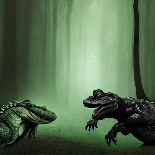 Image similar to werecreature consisting of a alligator and a human, werealligator, photograph captured in a dark forest