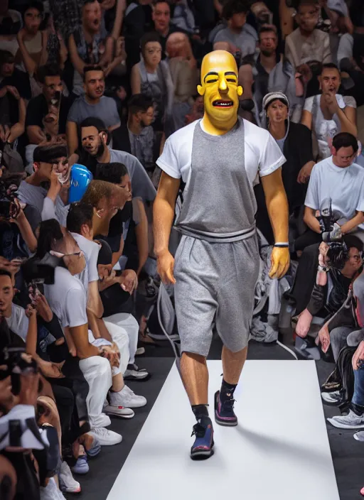 Image similar to hyperrealistic and heavy detailed air jordan runway show of homer simpson, leica sl 2 5 0 mm, vivid color, high quality, high textured, real life