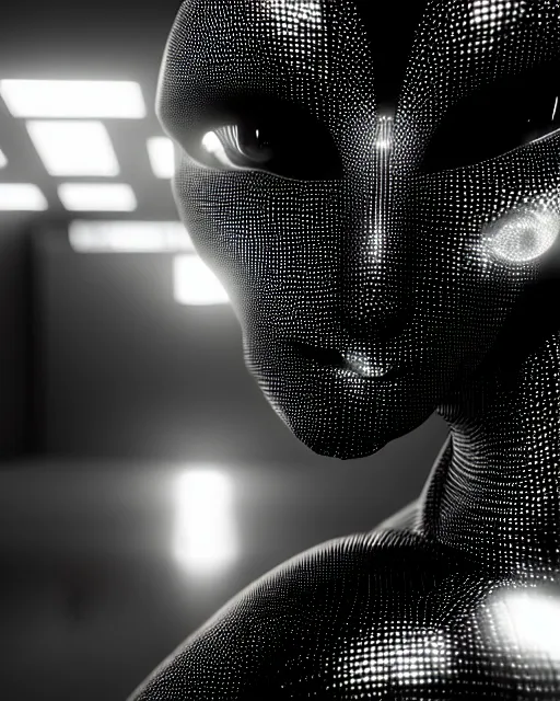 Image similar to black and white high quality photo of a female AI-queen-dragon-meshes-cyborg looking into a sci-fi mirror, volumetric lighting, brutalism, foggy, dreamy, hyperdetailed, bokeh, photorealistic, cinematic, masterpiece, elegant, dark, in the style of Horst P. Horst, octane render, 8K,