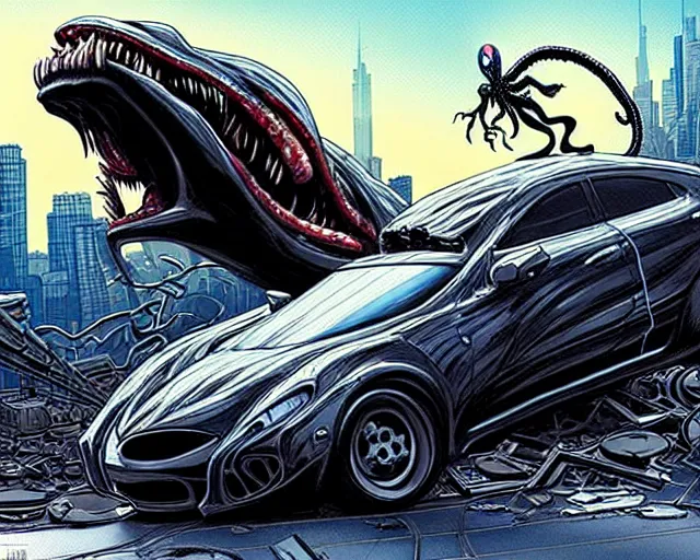 Image similar to A Venom standing on top of a wrecked car in the city, open arms art by Jason Chan and Gerardo Sandoval, Ultra detailed, hyper realistic,