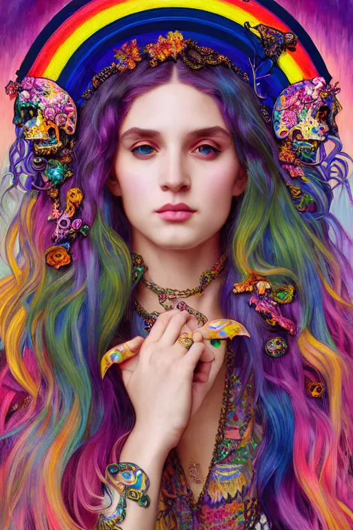 Image similar to a portrait of the lisa frank leopard print rainbow goddess from walmart, intricate, gothic, highly detailed, digital painting, crown of skulls, artstation, smooth, sharp focus, illustration, art by artgerm and greg rutkowski and alphonse mucha and william - adolphe bouguereau