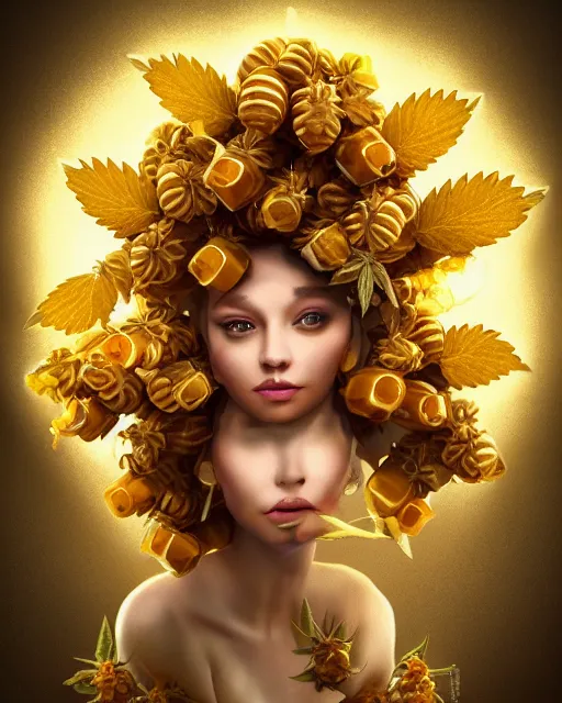 Image similar to beautiful marijuana as honey, made of honey, wearing honey - themed miniskirt, award winning creature portrait photography, extremely detailed, artstation, 8 k, sensual lighting, incredible art, wlop, artgerm, backlit, rim lighting, hi - fructose