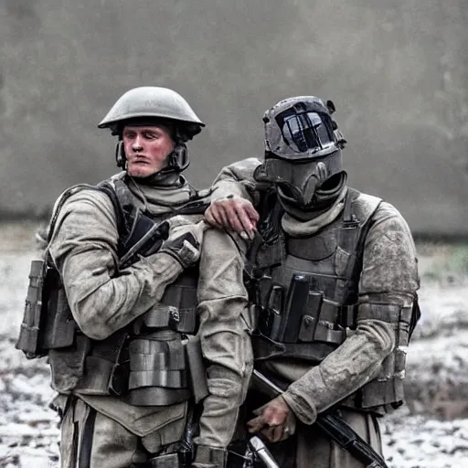 Image similar to British mercenaries wearing grey body armor with grey helmets smoking cigarettes in the aftermath of a bloody battle, photo by Adam Ferguson, Pulitzer Winning, cinematic composition, breathtaking, modern, 2022