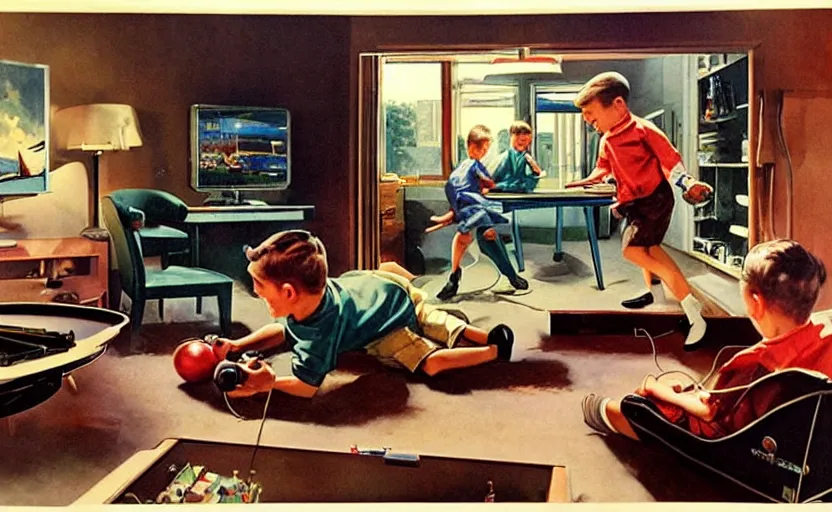 Prompt: 1 9 5 0 s, two boys playing game at a spacious gaming room with their hi - tech gaming setup, intricate, highly detailed, spacious, indoor, architecture, art by john berkey