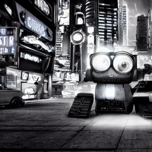 Prompt: looking out window, wall-e rides down the street full of neon lights at night, atmospheric, moody, cinematic, photo real, in the style of sin city