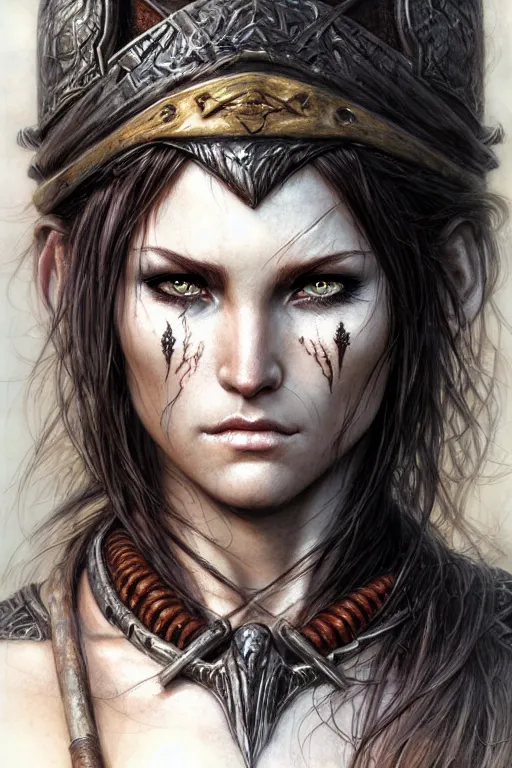 Image similar to portrait of a barbarian, female, high fantasy, dnd, face details, extremely detailed, smooth, sharp focus, digital illustration, by luis royo, magali villeneuve, donato giancola, wlop, krenz cushart, artgerm