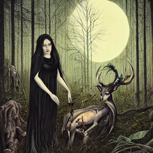 Image similar to an epic horrific wiccan gothic painting of a mother - nature witch cult woman wearing a deer skull, in a moonlit forest by gerald brom by junji ito by vanessa lemen by charlie bowater