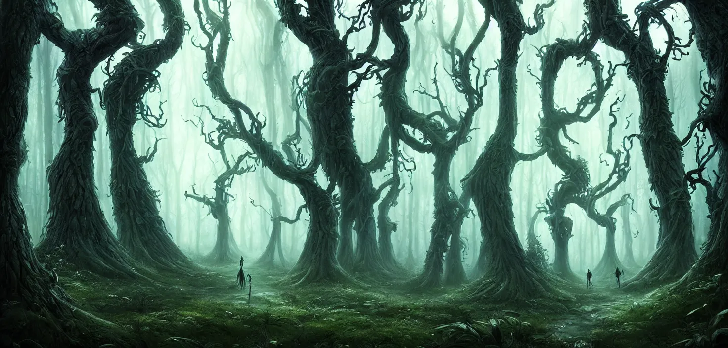 Image similar to scary fairy tale mystical forest twisted creepy trees magical forest landscape artwork trees near the path amazing nature, surreal, dreamlike, lucid dream, very detailed, perfect lighting, perfect composition, 4 k, artgerm, derek zabrocki, greg rutkowski