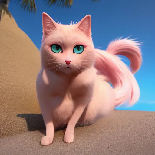 Prompt: Render of a beautiful 3d anime cat, long pink hair, hazel eyes, cute freckles, full round face, soft smile, cute sundress, golden hour, serene beach setting, medium shot, mid-shot, hyperdetailed, trending on Artstation, Unreal Engine 4k