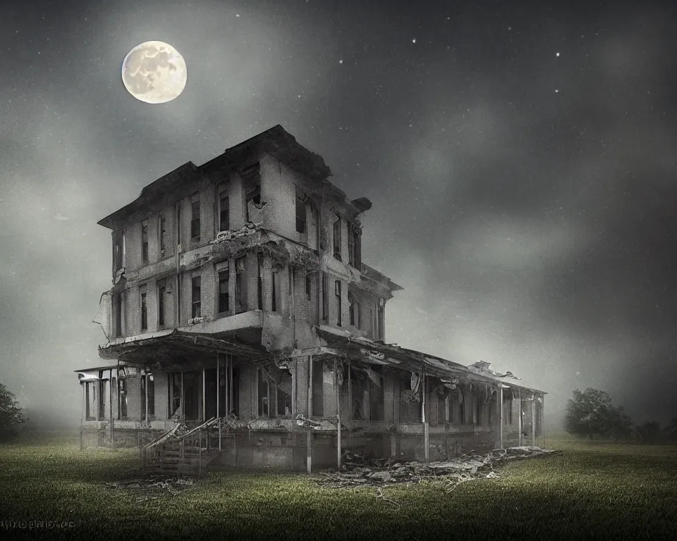 Image similar to midnight, the moon obscured by clouds, the dilapidated school, the dark unknown huddled in the corner gradually pouring out, mist, cg, ue 5 rendering