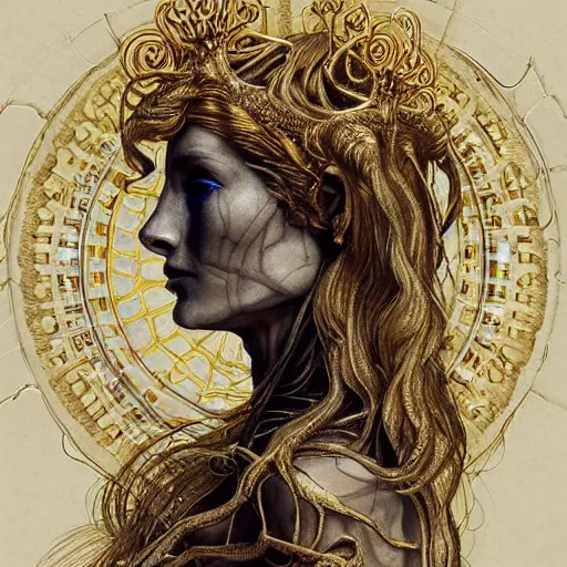 Image similar to portrait of Hecate as a marble statue skeleton, greek mythology, gold crown and filaments, visible fossilized arteries and bones and veins and spine and muscles and nerves, intricate, headshot, highly detailed, digital painting, artstation, concept art, sharp focus, cinematic lighting, illustration, art by artgerm and greg rutkowski, alphonse mucha, cgsociety, chiaroscuro