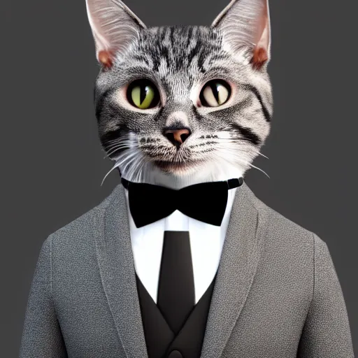 Image similar to cat in suit, irti funny picture, 3 1 5 2 tags cat head, suit smart tux, realistic cat, 4 k, render,