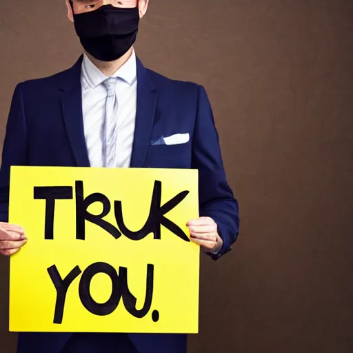 Image similar to a man wearing suite holding sign with text Thank you Stable Diffusion