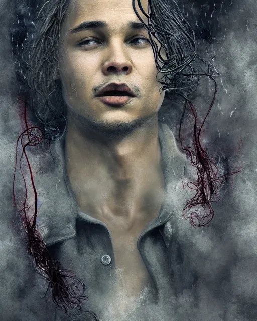 Prompt: Frank Dillane as the devil, seductive, sexy, wispy tendrils of smoke, intricate, digital painting, old english, raining, sepia, particles floating, whimsical background by marc simonetti, artwork by liam wong