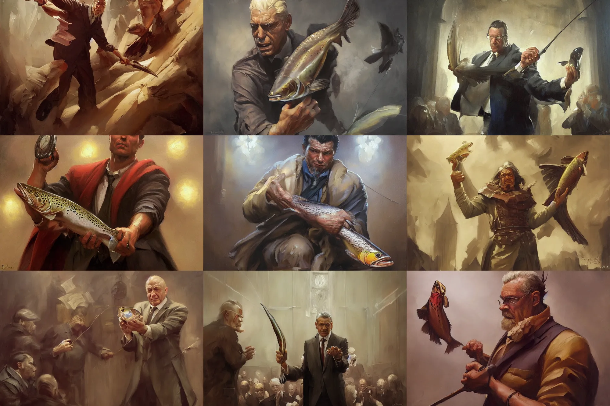 Prompt: A beautiful oil painting of a lawyer in court holding a trout, by Lucas Graciano, Frank Frazetta, Greg Rutkowski, Boris Vallejo, epic fantasy character art, Exquisite detail, post-processing, low angle, masterpiece, cinematic