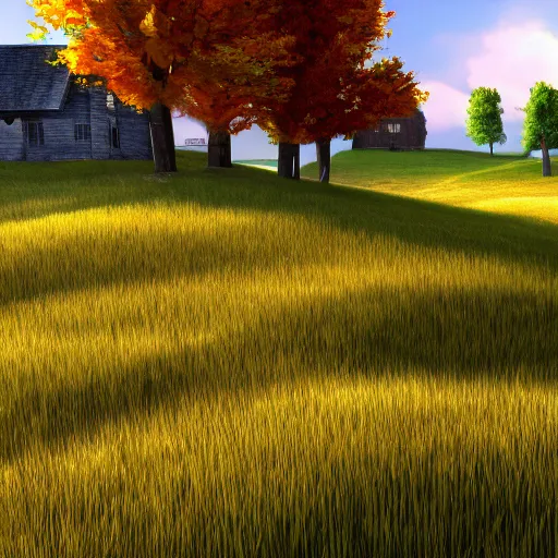 Image similar to windows xp backround with few houses and trees, award winning, trending on artstation, unreal engine