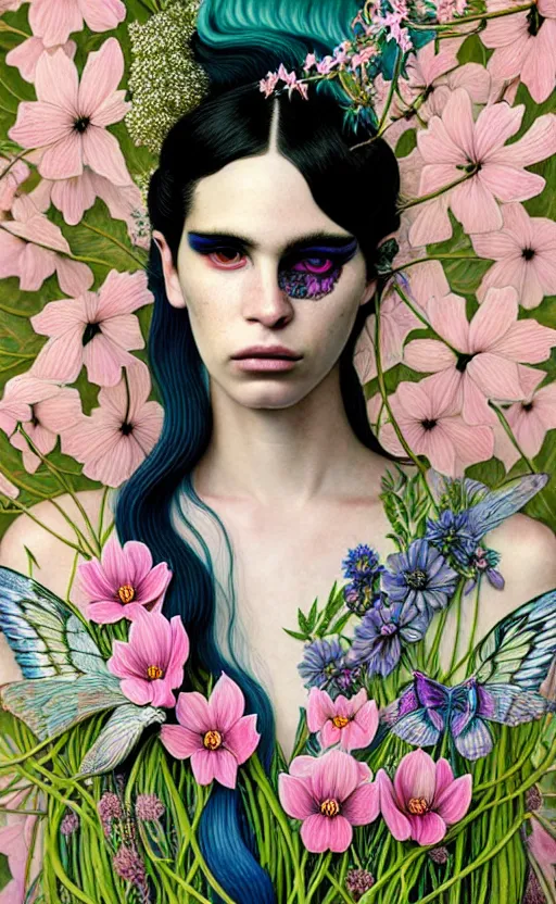 Image similar to the non-binary deity of Spring, 1 figure only, looks a blend of Grimes, Lana Del Rey, Aurora Aksnes, and Zoë Kravitz, it is made entirely out of flora and fauna, in a style combining Botticelli, Möbius and Æon Flux, surrealism, stunningly detailed artwork, hyper photorealistic 4K, stunning gradient colors, very fine inking lines