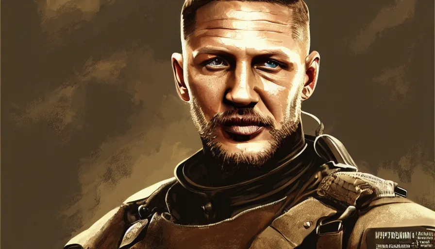 Image similar to Digital painting of Tom Hardy as William Blazkowicz from Wolfenstein, hyperdetailed, artstation, cgsociety, 8k