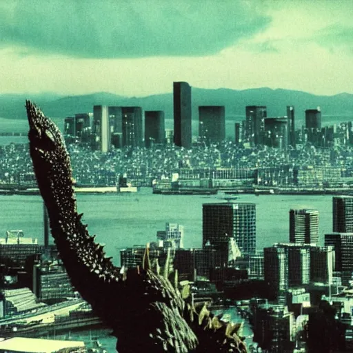 Image similar to godzilla eating a piece of cake. in the background tokyo city on fire