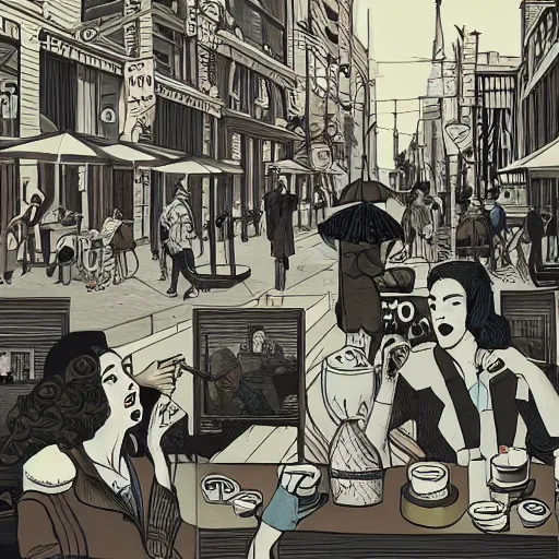 Prompt: noon, hipsters drinking coffee in the streets, in the style of james jean, film noir, deep dark black