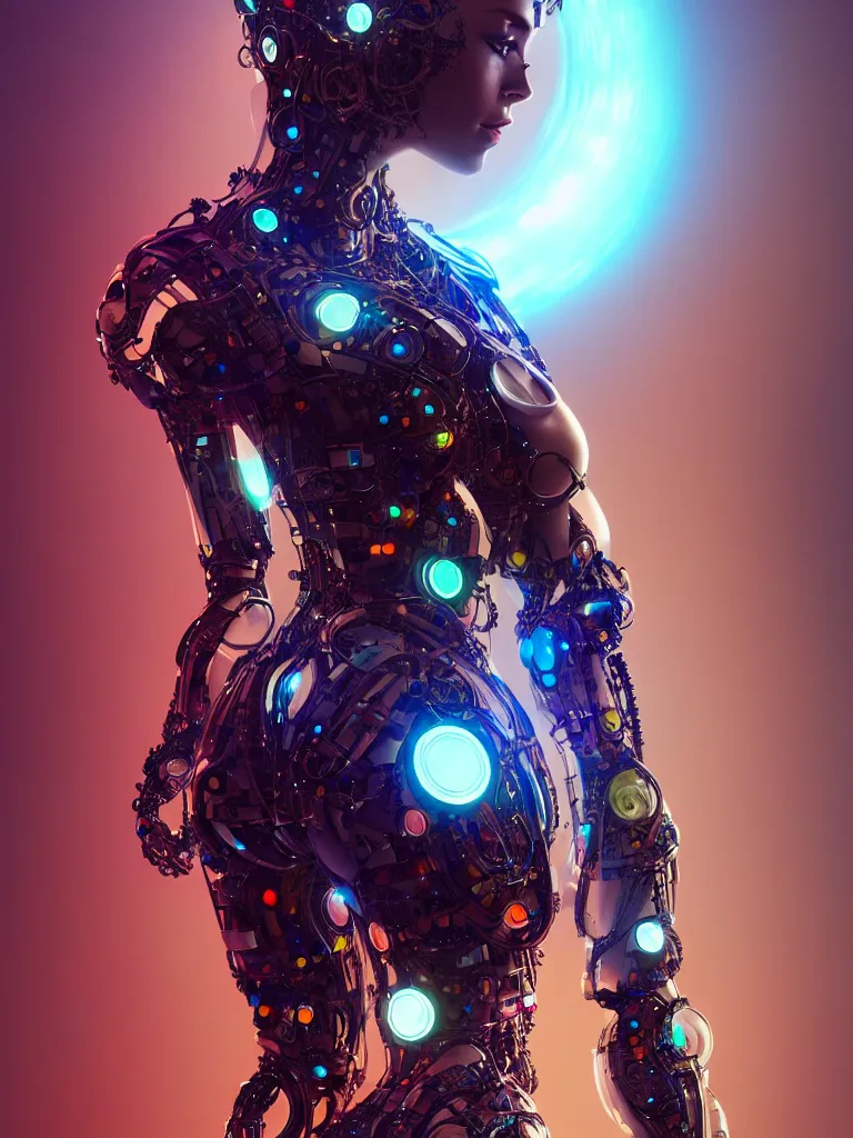 Prompt: full lenght shot woman in biomechanical dress, wearing epic bionic cyborg implants of different colors, masterpiece, intricate, biopunk futuristic wardrobe, highly detailed, artstation, concept art, background galaxy, cyberpunk, octane render