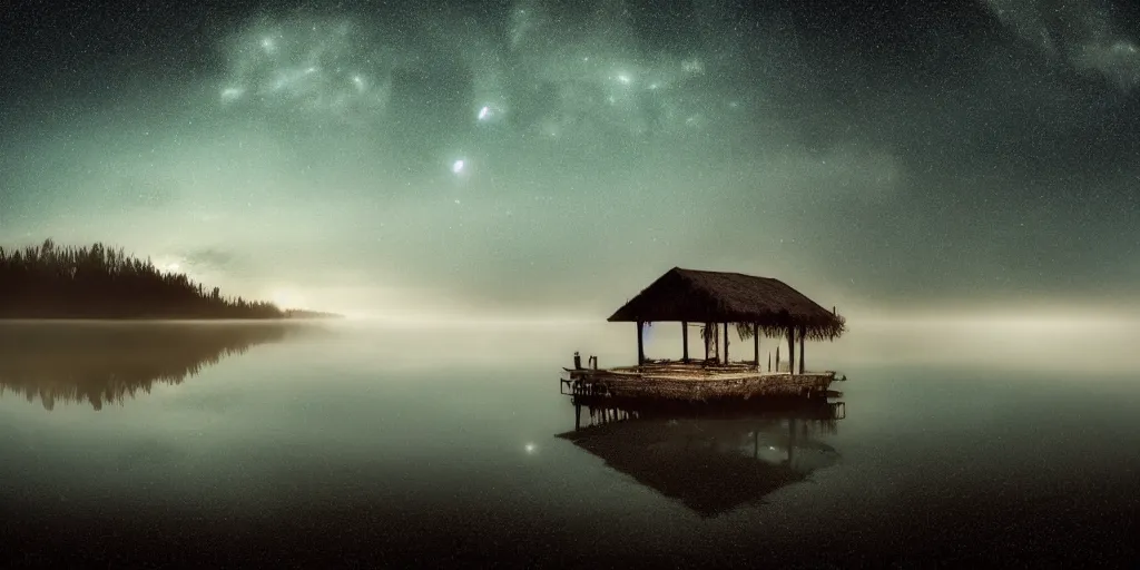 Prompt: a dark and moody lake with an island in the middle and a small hut with a soft glow coming from the windows, low fog, stars, midnight, fantasy, surreal, high detail