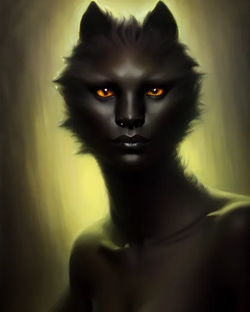 Image similar to a portrait of black furry shadow nightmare monster hybrid human in a background of deep shadows, illustration, dramatic lighting, soft details, painting oil on canvas, art nouveau, octane render, HDR, 4k, 8k, HD, by Edmund Blair Leighton, Brom, Charlie Bowater, trending on artstation, Tom Bagshaw, faces by otto Schmidt