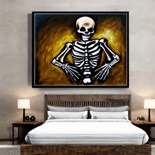 Prompt: skeleton wearing striped pajamas, rustic oil painting, in the style of tim jacobus, dungeons & dragons, magic the gathering, inside of a bedroom, with a nightcap, comfy, sleepy, dim lighting, warm, extremely detailed, sharp focus, 4 k