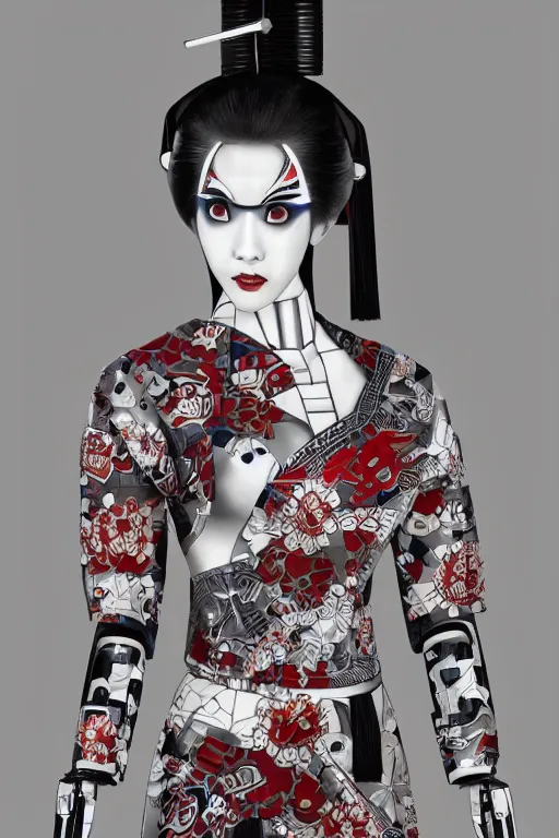 Prompt: full body portrait of a Japanese robot geisha with kanji tattoos and decals wearing a digital pixelated kimono, intricate design, photorealistic, ultra fine detailed, character design, trending on artstation