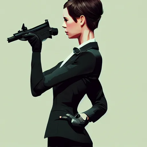 Image similar to young british special ops female in black tuxedo, muted colors, matte print, pastel colors, 2d, ultra highly detailed, smooth, sharp focus, digital art, digital painting, fan art, elegant, artstation, head is centered, by Ilya Kuvshinov