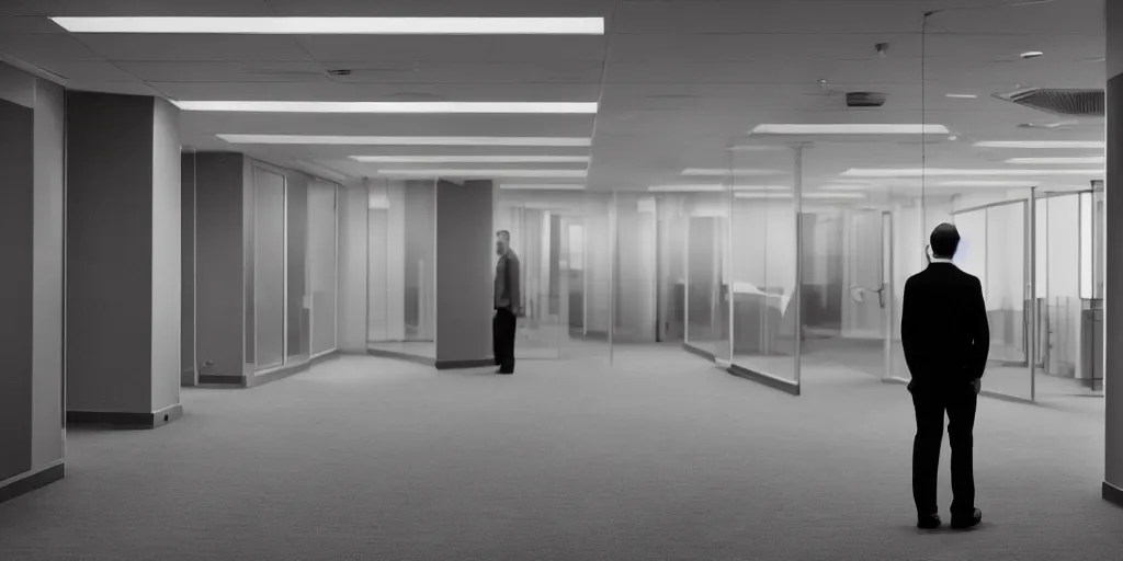 Image similar to a man standing in an office building, cubicles, cinematic, anamorphic lens, atmospheric, cinematography by greig fraser