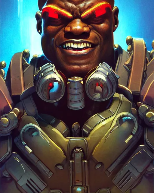 Image similar to doomfist from overwatch, sinister smile, elegant, character portrait, portrait, close up, concept art, intricate details, highly detailed, vintage sci - fi poster, retro future, in the style of chris foss, rodger dean, moebius, michael whelan, and gustave dore