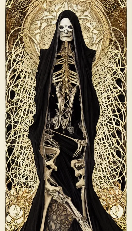 Image similar to a skeleton in a black cloak, highly detailed, very intricate, art nouveau, gold filigree, left right symmetry, tarot concept art watercolor illustration by mandy jurgens and alphonse mucha and alena aenami, featured on artstation