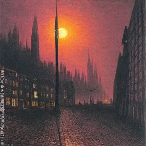 Image similar to city, night, dramatic light, oil painting, by caspar david friedrich