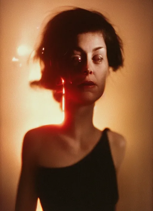 Image similar to a hyper realistic and detailed head portrait photography of happy American woman dark hair by Annie Leibovitz. Neo noir style. Cinematic. torch lights and glow in the background. Cinestill 800T film. Lens flare. Helios 44m