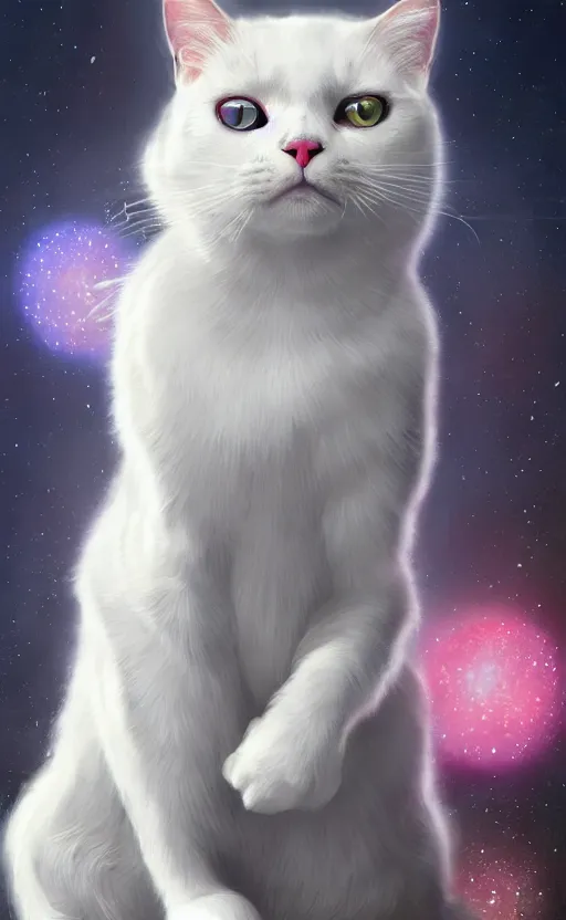 Image similar to a white cat with cosmos in its eyes, dynamic lighting, photorealistic fantasy concept art, trending on art station, stunning visuals, creative, cinematic, ultra detailed