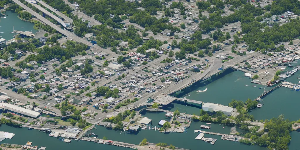 Prompt: bird's eye view of a city, trailer park, a road, bridge, and inlet with docking area.
