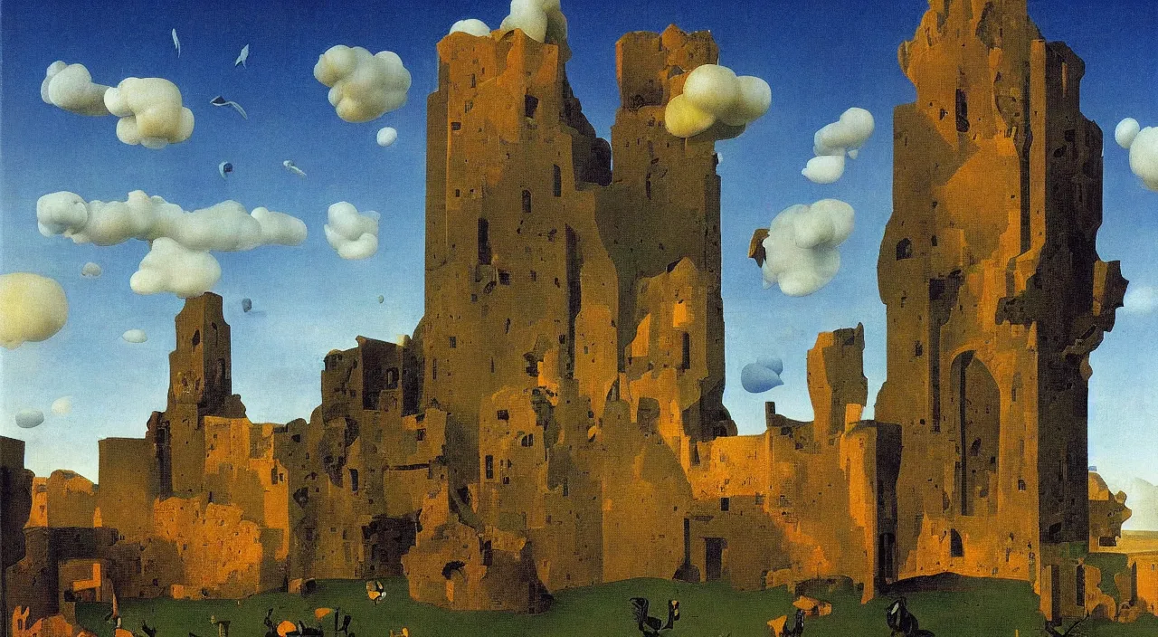 Prompt: looded ancient tower, high contrast!! painting by jan van eyck audubon rene magritte agnes pelton max ernst walton ford, dark shadows, sunny day