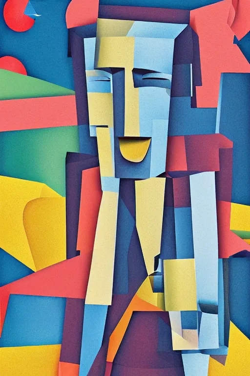 Image similar to cubist moai statue cutout digital illustration cartoon colorful beeple