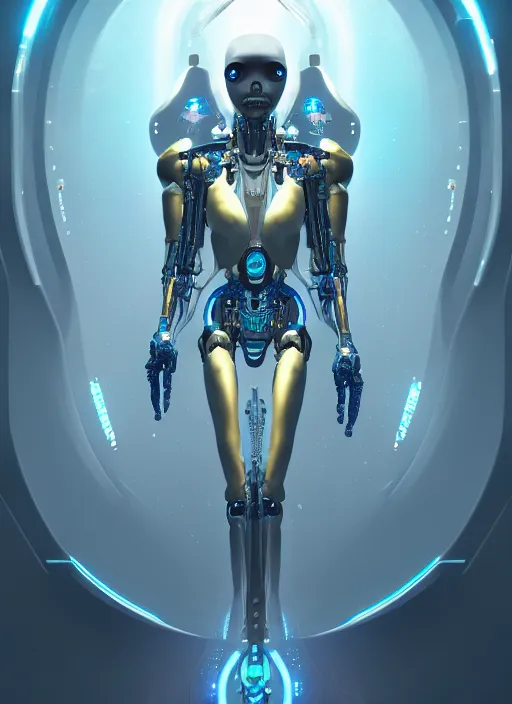 Image similar to benevolent cyborg necromancer, scifi, futurism, alien room background, white, blue, gold, highly detailed, trending on artstation, soft light, sharp edges, illustration, technology, art by vitaly bulgarov and nivanh chanthara