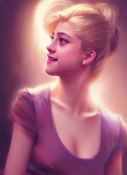 Image similar to portrait of lili reinhart with fluffy bangs, smiling kindly, bangs, 1 9 6 0 s, ponytail, fluffy bangs and ponytail, intricate, elegant, glowing lights, highly detailed, digital painting, artstation, concept art, smooth, sharp focus, illustration, art by wlop, mars ravelo and greg rutkowski